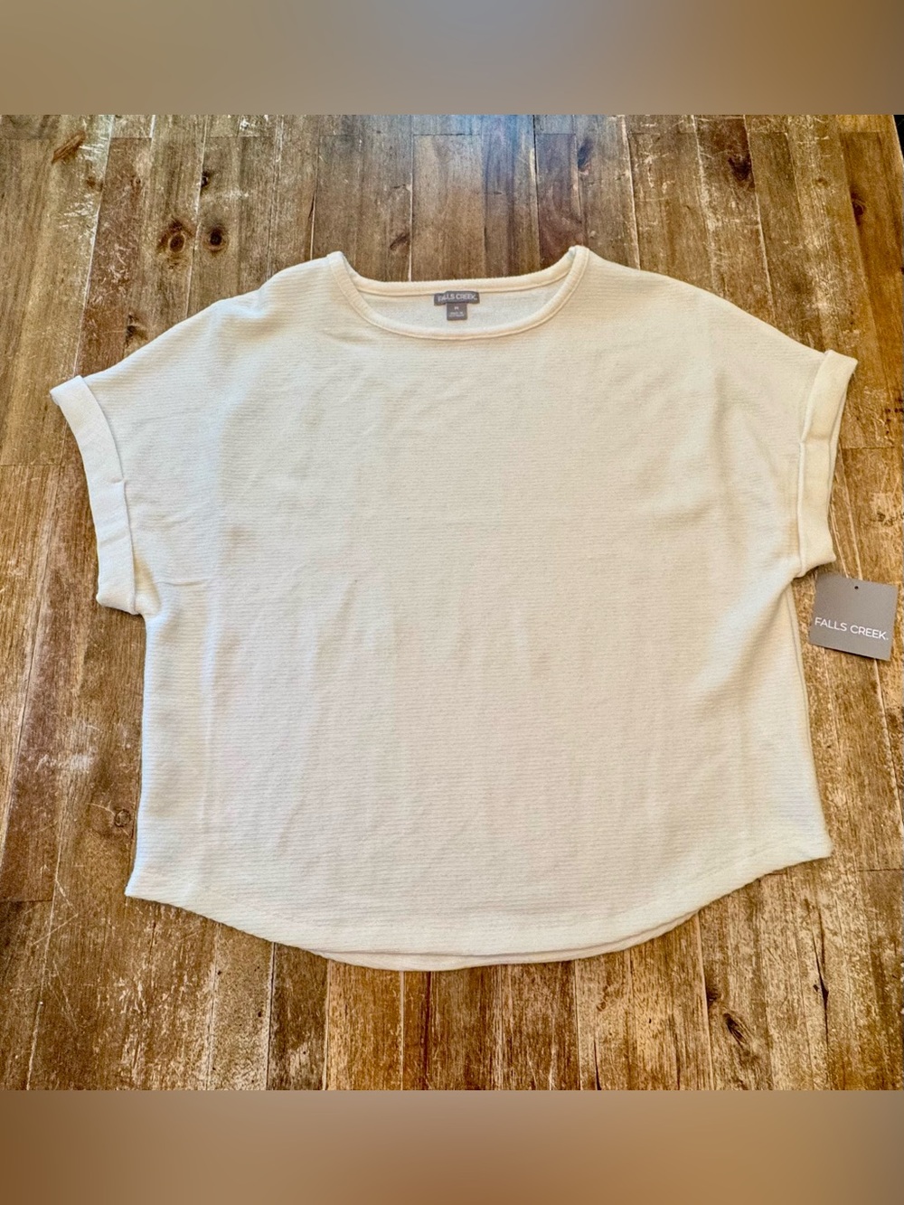 Falls Creek Brand Cream Short Sleeve Micro-Ribbed Knit Top With Sewn-In Cuffs